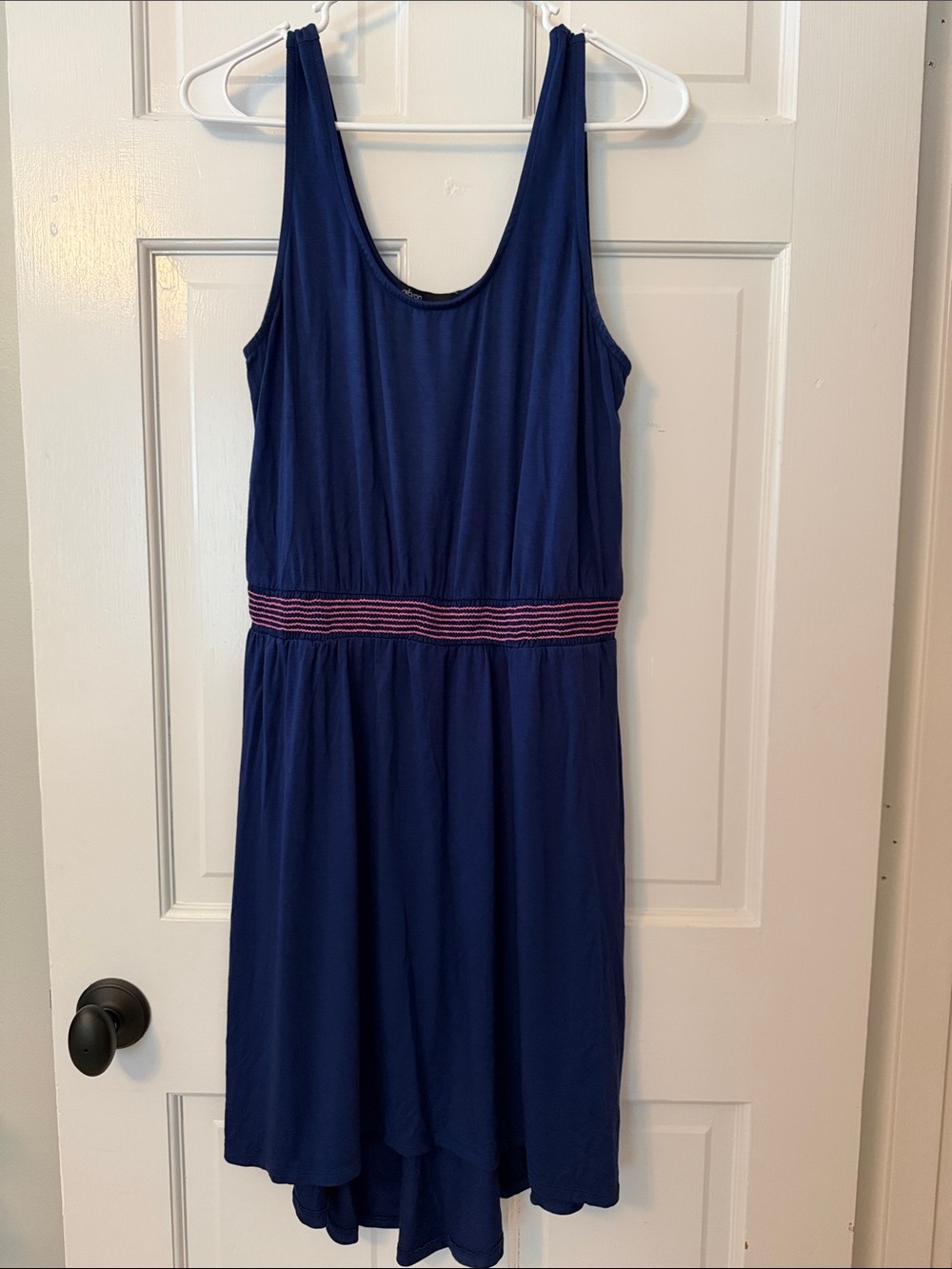 Gibson Navy High-Low Tank Dress with Pink-Striped Waist